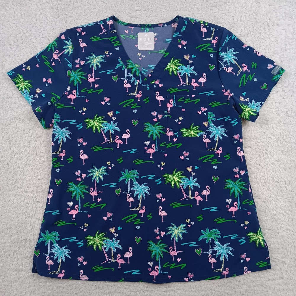 Med Couture Scrub Top Women L Navy Flamingo Palm Tree V-Neck MC632